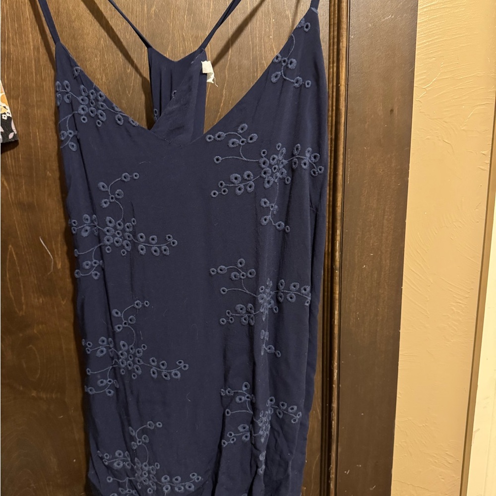 Navy Blue Embroidered Spaghetti Strap Dress